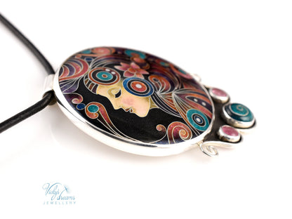 Handmade cloisonné Moon Dream enamel pendant with tourmaline gemstones in oxidized sterling silver