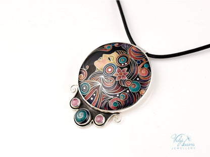 Handmade cloisonné Moon Dream enamel pendant with tourmaline gemstones in oxidized sterling silver