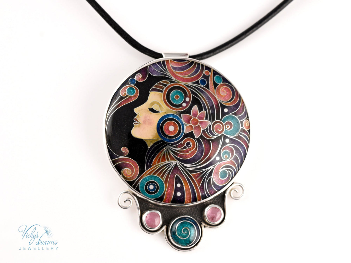 Handmade cloisonné Moon Dream enamel pendant with tourmaline gemstones in oxidized sterling silver