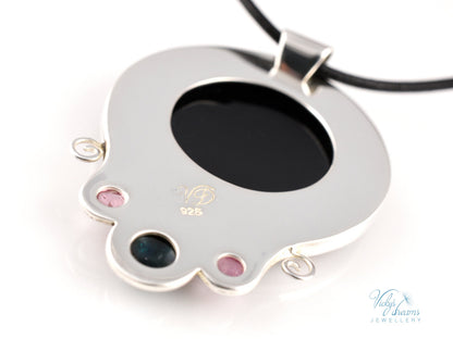 Handmade cloisonné Moon Dream enamel pendant with tourmaline gemstones in oxidized sterling silver