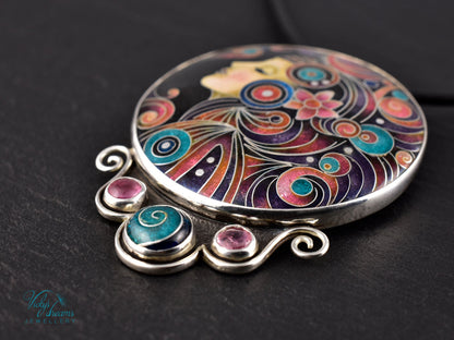 Handmade cloisonné Moon Dream enamel pendant with tourmaline gemstones in oxidized sterling silver