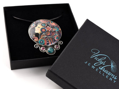 Handmade cloisonné Moon Dream enamel pendant with tourmaline gemstones in oxidized sterling silver