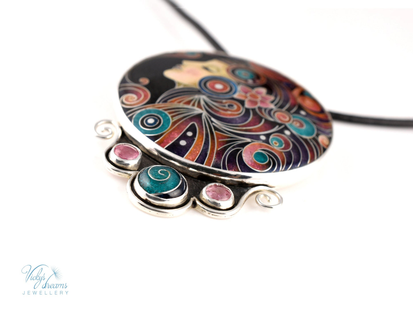 Handmade cloisonné Moon Dream enamel pendant with tourmaline gemstones in oxidized sterling silver
