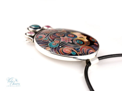 Handmade cloisonné Moon Dream enamel pendant with tourmaline gemstones in oxidized sterling silver