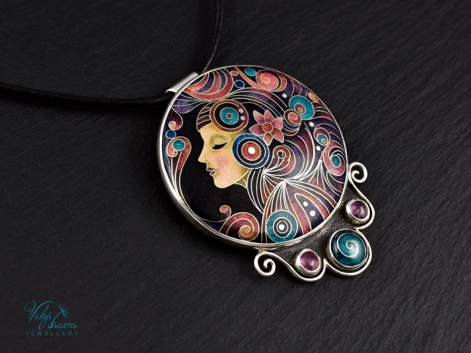 Handmade cloisonné Moon Dream enamel pendant with tourmaline gemstones in oxidized sterling silver