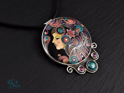 Handmade cloisonné Moon Dream enamel pendant with tourmaline gemstones in oxidized sterling silver
