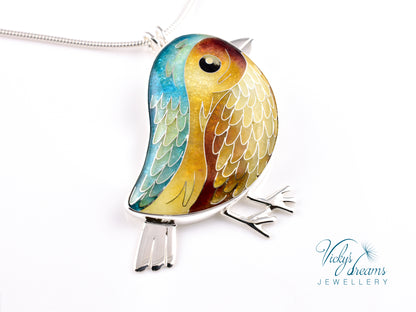 yellow & brown birdie Cloisonné enamel pendant