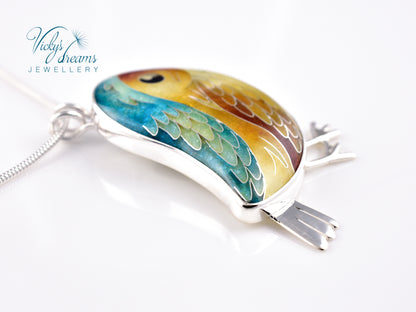 yellow & brown birdie Cloisonné enamel pendant