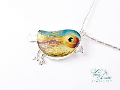 yellow & brown birdie Cloisonné enamel pendant